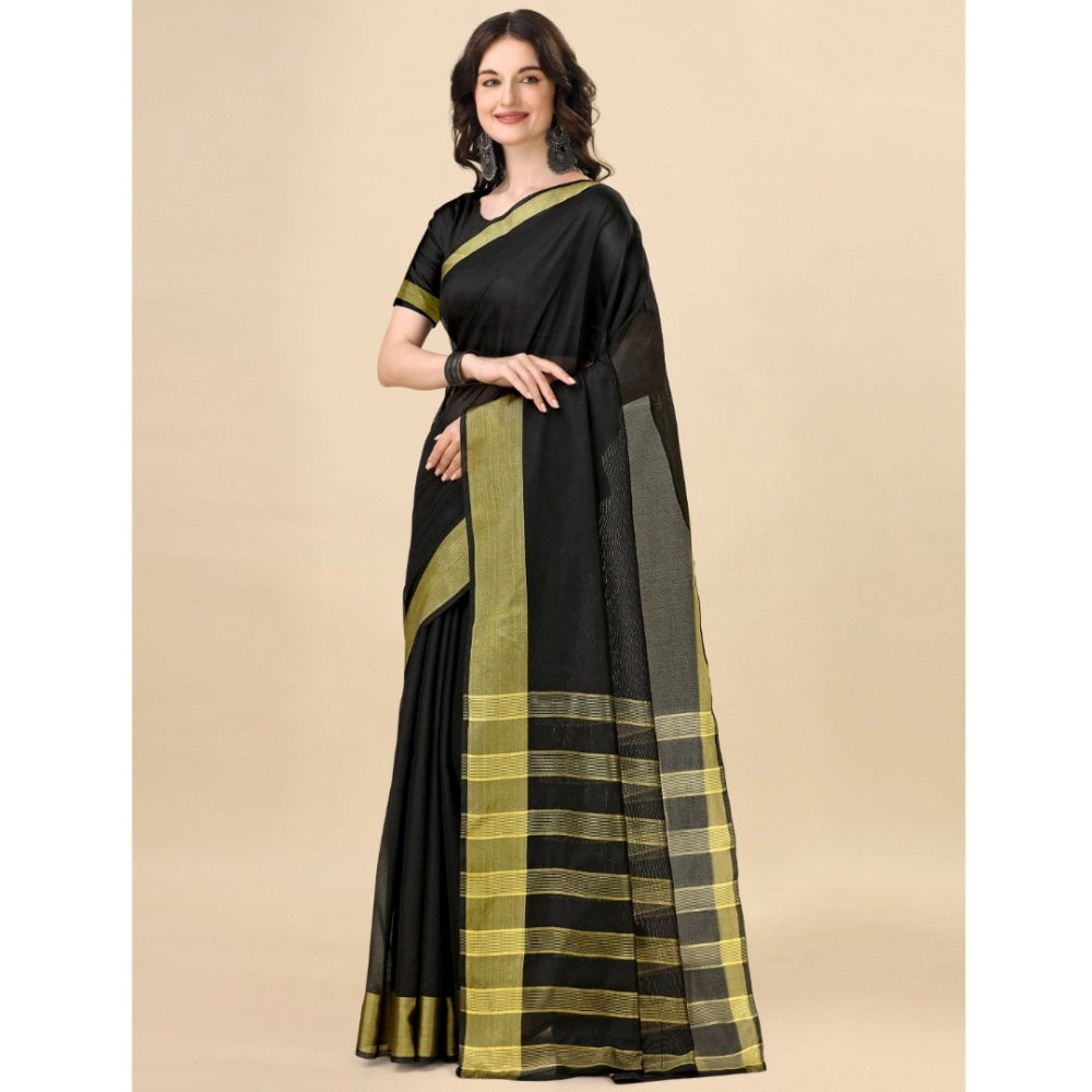 Roneclick Women's Cotton Silk Striped Saree With Unstitched Blouse 5.5Mtr (Black)