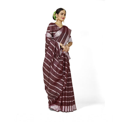 Roneclick Women's Cotton Silk Striped Saree With Unstitched Blouse 5.5Mtr (Maroon)