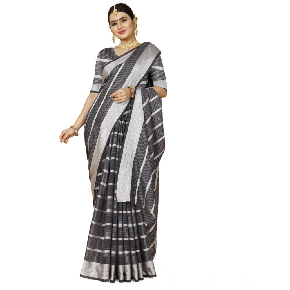 Roneclick Women's Cotton Silk Striped Saree With Unstitched Blouse 5.5Mtr (Grey)