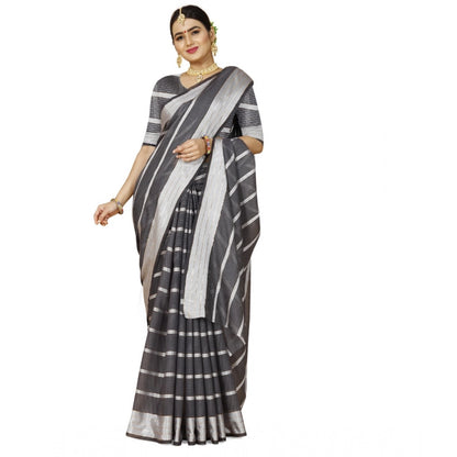 Roneclick Women's Cotton Silk Striped Saree With Unstitched Blouse 5.5Mtr (Grey)