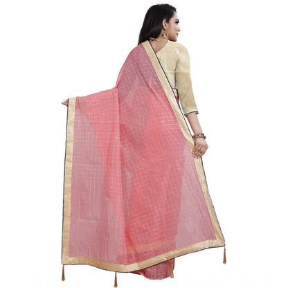 Roneclick Women's Cotton Silk Checkered Saree With Unstitched Blouse 5.5Mtr (Pink)