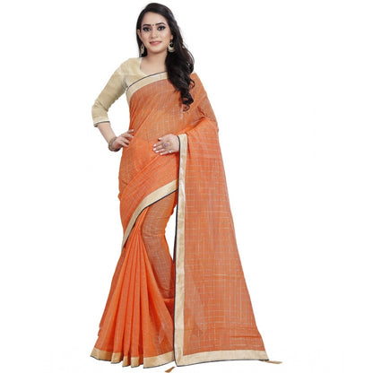 Roneclick Women's Cotton Silk Checkered Saree With Unstitched Blouse 5.5Mtr (Orange)