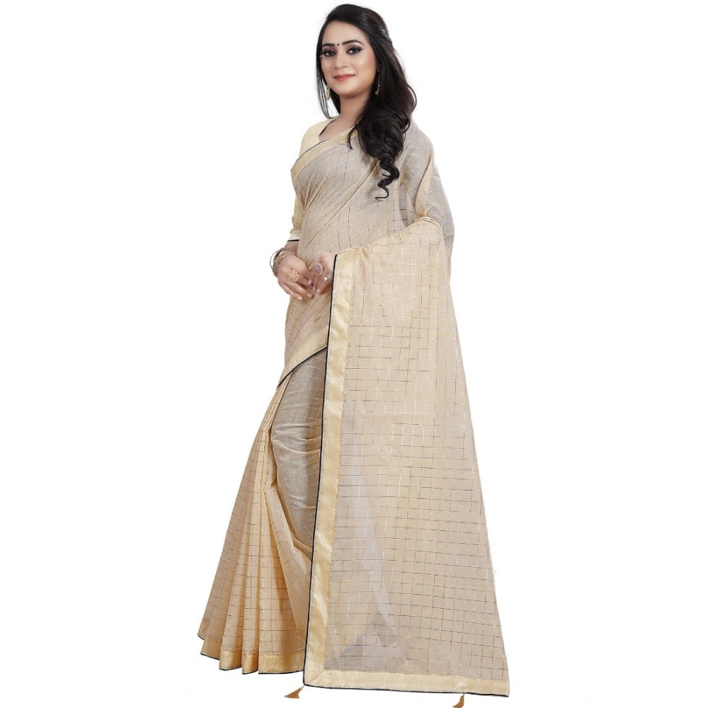 Roneclick Women's Cotton Silk Checkered Saree With Unstitched Blouse 5.5Mtr (Cream)