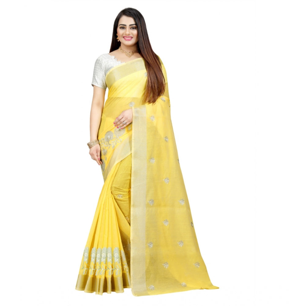 Roneclick Women's Cotton Silk Embroidered Saree With Unstitched Blouse 5.5Mtr (Yellow)