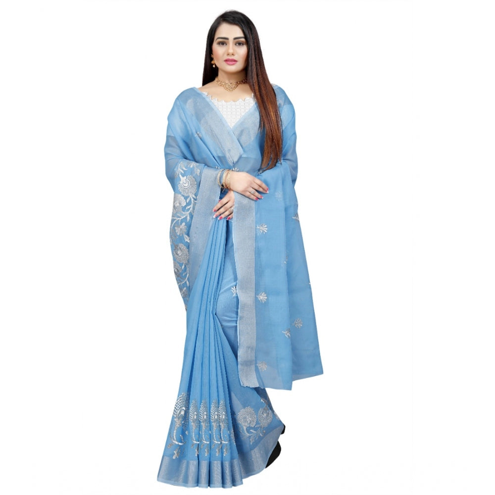 Roneclick Women's Cotton Silk Embroidered Saree With Unstitched Blouse 5.5Mtr (Light Blue)