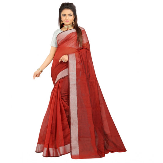 Roneclick Women's Cotton Silk Self Design Saree With Unstitched Blouse 5.5Mtr (Red)