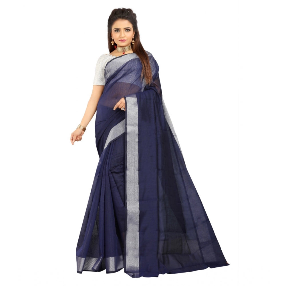 Roneclick Women's Cotton Silk Self Design Saree With Unstitched Blouse 5.5Mtr (Blue)