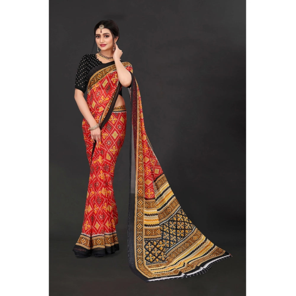 Roneclick Women's Georgette Floral Print Saree With Unstitched Blouse 5.5Mtr (Red)