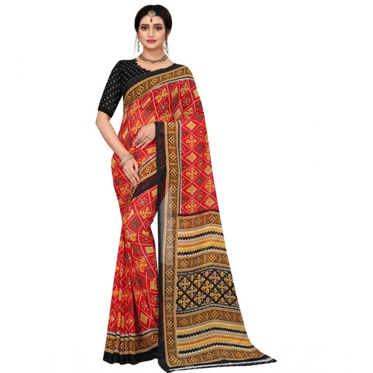 Roneclick Women's Georgette Floral Print Saree With Unstitched Blouse 5.5Mtr (Red)