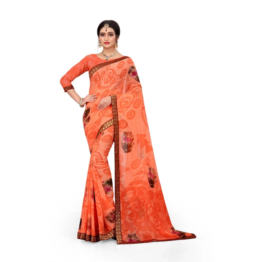 Roneclick Women's Georgette Floral Print Saree With Unstitched Blouse 5.5Mtr (Orange)