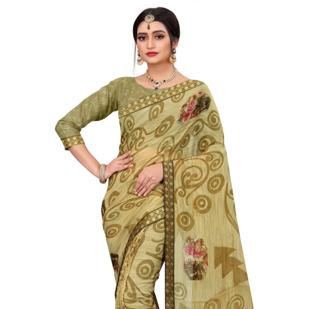 Roneclick Women's Georgette Floral Print Saree With Unstitched Blouse 5.5Mtr (Brown)