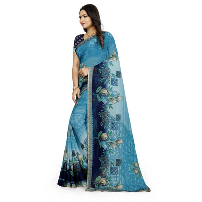 Roneclick Women's Georgette Floral Print Saree With Unstitched Blouse 5.5Mtr (Light Blue)