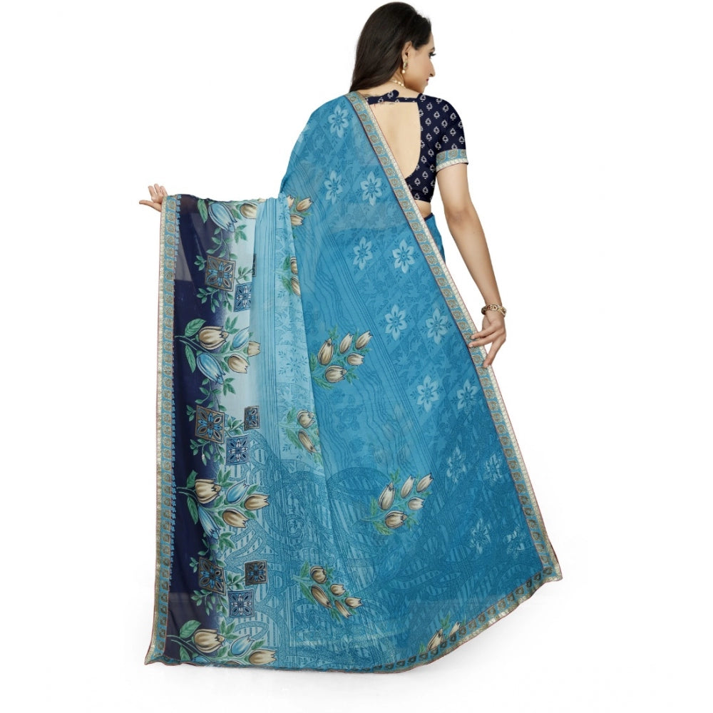 Roneclick Women's Georgette Floral Print Saree With Unstitched Blouse 5.5Mtr (Light Blue)