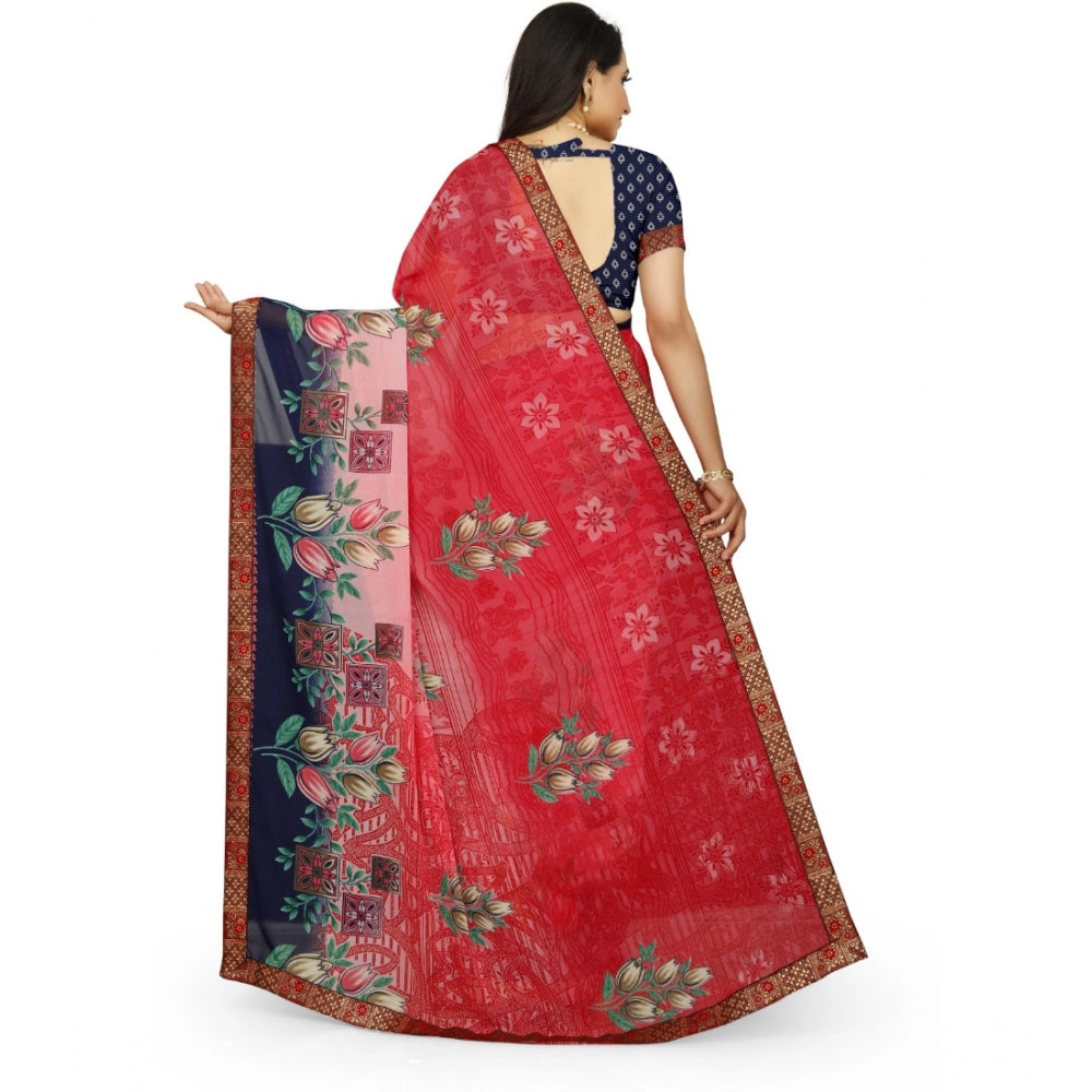 Roneclick Women's Georgette Floral Print Saree With Unstitched Blouse 5.5Mtr (Red-Blue)