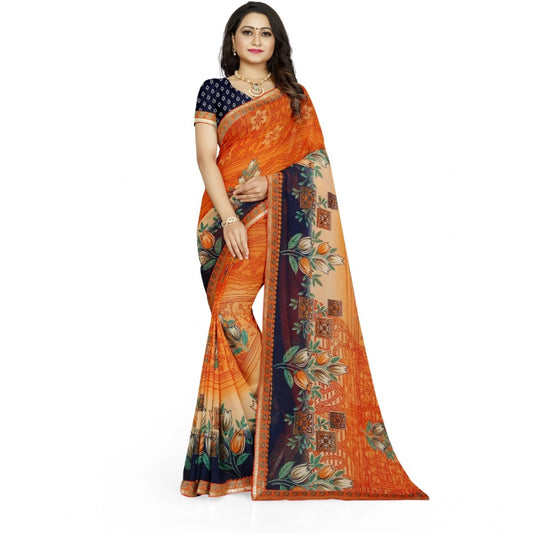 Roneclick Women's Georgette Floral Print Saree With Unstitched Blouse 5.5Mtr (Blue-Orange)