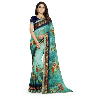 Roneclick Women's Georgette Floral Print Saree With Unstitched Blouse 5.5Mtr (Light Blue)