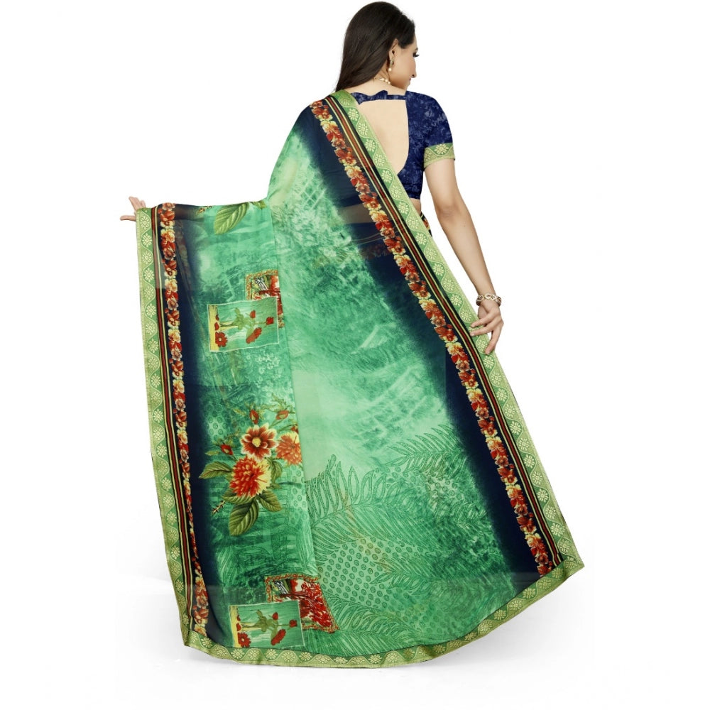 Roneclick Women's Georgette Floral Print Saree With Unstitched Blouse 5.5Mtr (Green)