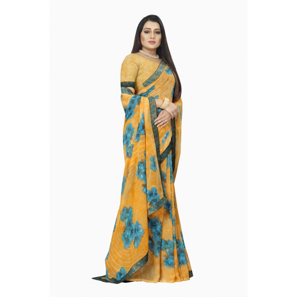 Roneclick Women's Georgette Floral Print Saree With Unstitched Blouse 5.5Mtr (Blue-Orange)