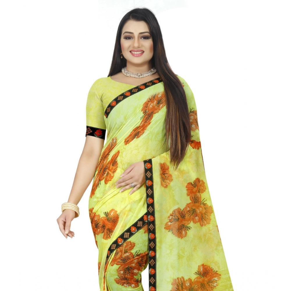 Roneclick Women's Georgette Floral Print Saree With Unstitched Blouse 5.5Mtr (Brown-Mustard)