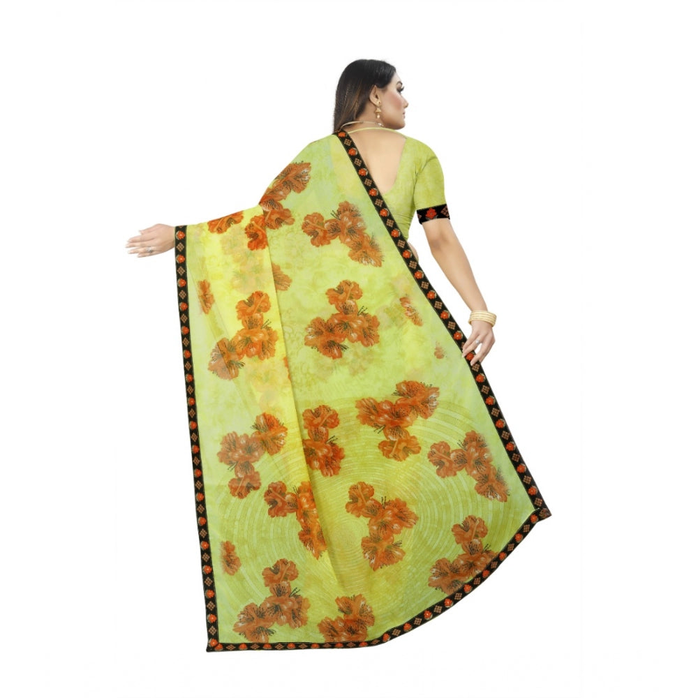 Roneclick Women's Georgette Floral Print Saree With Unstitched Blouse 5.5Mtr (Brown-Mustard)