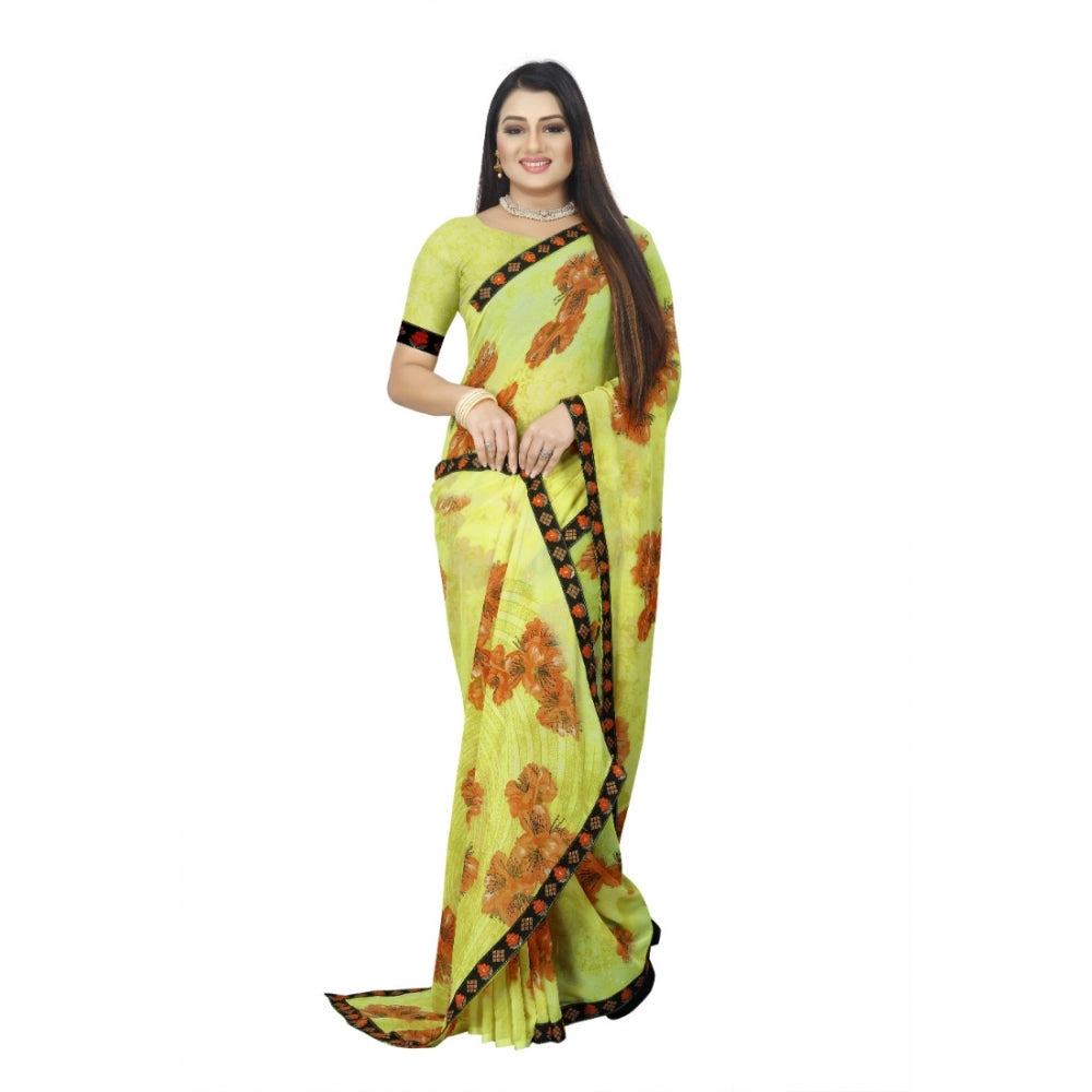 Roneclick Women's Georgette Floral Print Saree With Unstitched Blouse 5.5Mtr (Brown-Mustard)