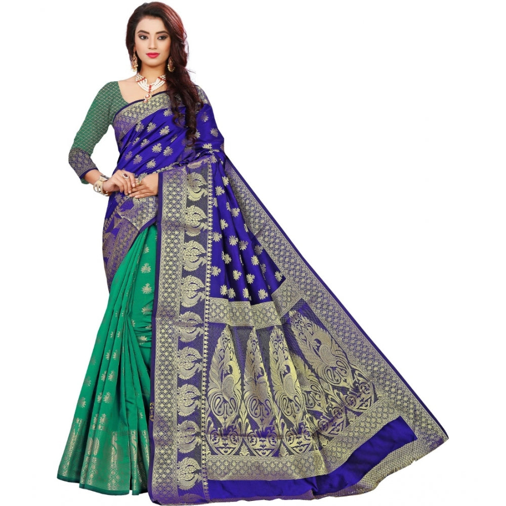 Roneclick Women's Jacquard Woven Saree With Unstitched Blouse 5.5Mtr (Blue)