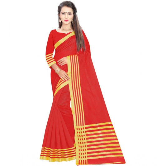 Roneclick Women's Jacquard Striped Saree With Unstitched Blouse 5.5Mtr (Red)