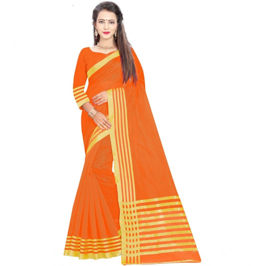 Roneclick Women's Jacquard Striped Saree With Unstitched Blouse 5.5Mtr (Orange)