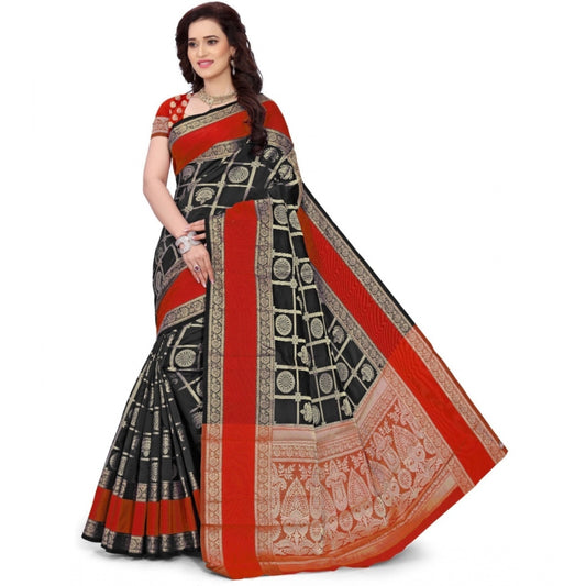 Roneclick Women's Jacquard Woven Saree With Unstitched Blouse 5.5Mtr (Red-Black)