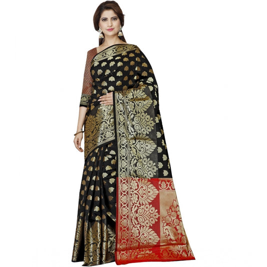 Roneclick Women's Jacquard Woven Saree With Unstitched Blouse 5.5Mtr (Black)