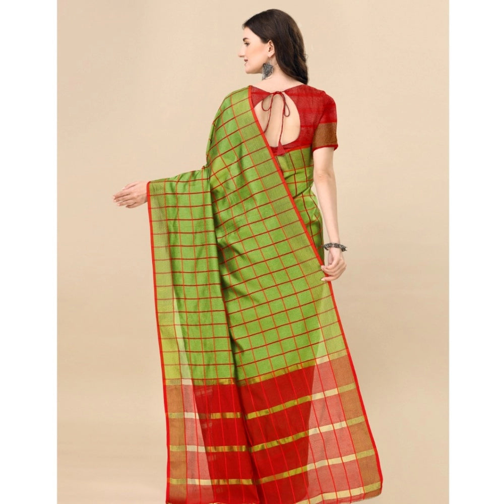 Roneclick Women's Cotton Silk Checkered Saree With Unstitched Blouse 5.5Mtr (Green)