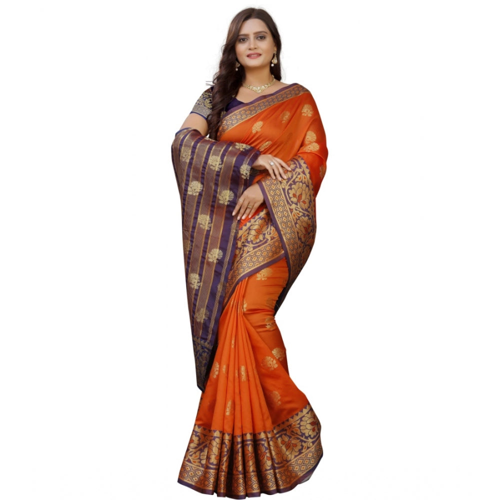 Roneclick Women's Silk Blend Woven Saree With Unstitched Blouse 5.5Mtr (Gold-Orange)