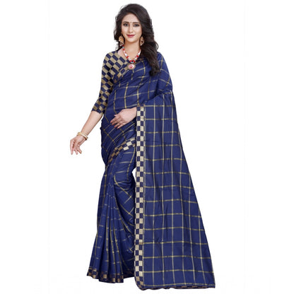 Roneclick Women's Cotton Silk Checkered Saree With Unstitched Blouse 5.5Mtr (Dark Blue)