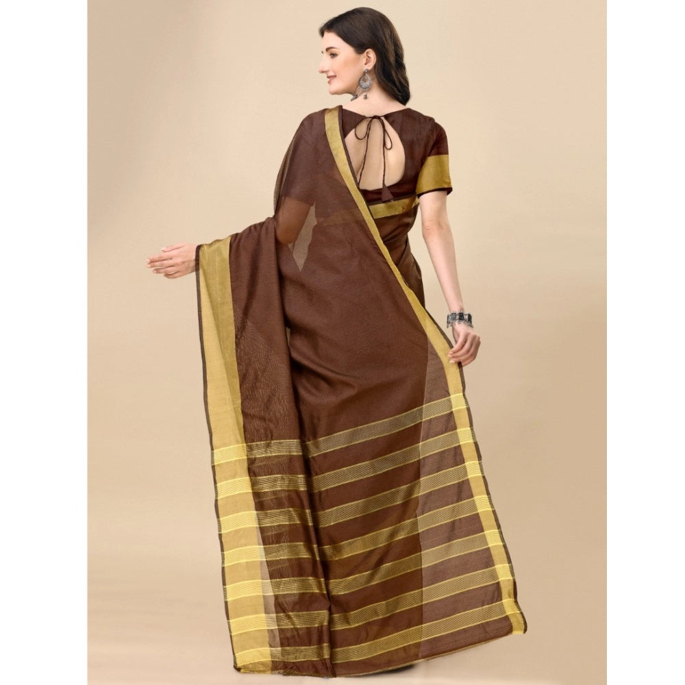 Roneclick Women's Cotton Silk Striped Saree With Unstitched Blouse 5.5Mtr (Brown)