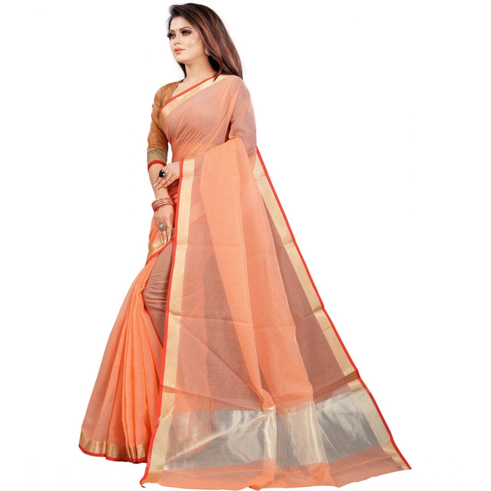 Roneclick Women's Cotton Silk Checkered Saree With Unstitched Blouse 5.5Mtr (Orange)