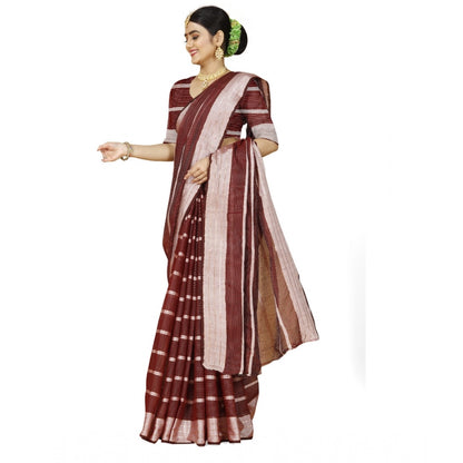 Roneclick Women's Cotton Silk Striped Saree With Unstitched Blouse 5.5Mtr (Red)