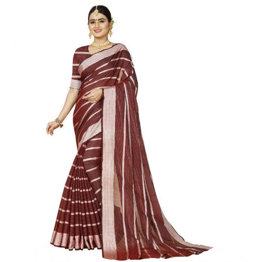 Roneclick Women's Cotton Silk Striped Saree With Unstitched Blouse 5.5Mtr (Red)