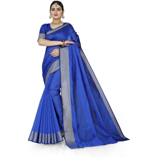 Roneclick Women's Cotton Silk Self Design Saree With Unstitched Blouse 5.5Mtr (Blue)