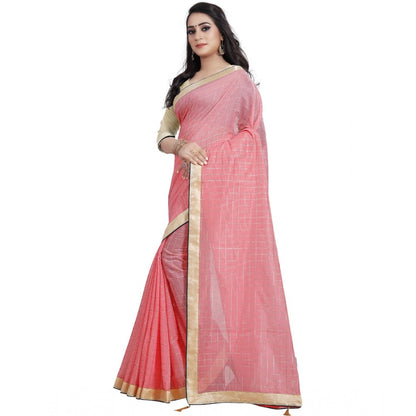 Roneclick Women's Cotton Silk Checkered Saree With Unstitched Blouse 5.5Mtr (Pink)