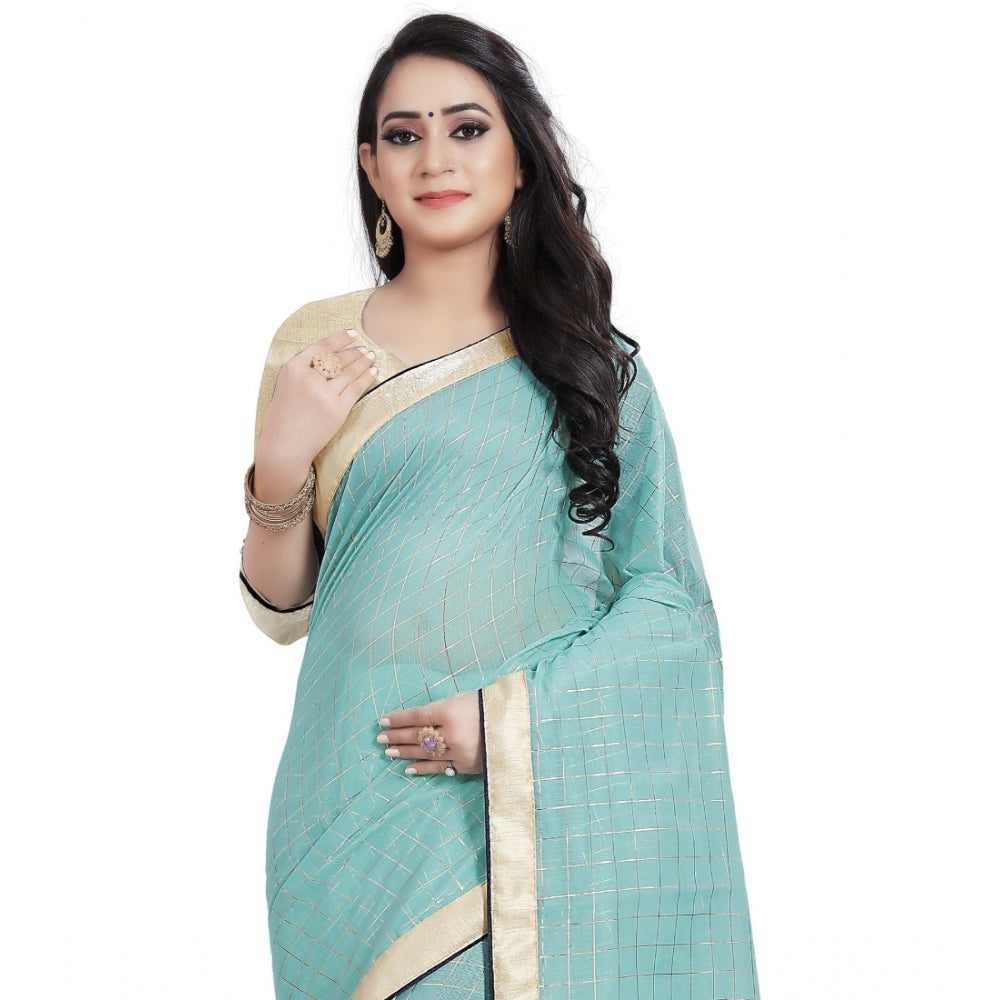 Roneclick Women's Cotton Silk Checkered Saree With Unstitched Blouse 5.5Mtr (Blue)