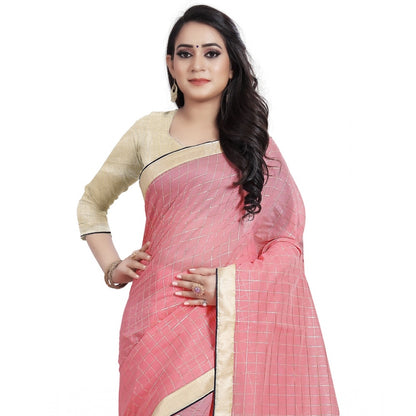 Roneclick Women's Cotton Silk Checkered Saree With Unstitched Blouse 5.5Mtr (Pink)