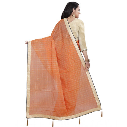 Roneclick Women's Cotton Silk Checkered Saree With Unstitched Blouse 5.5Mtr (Orange)