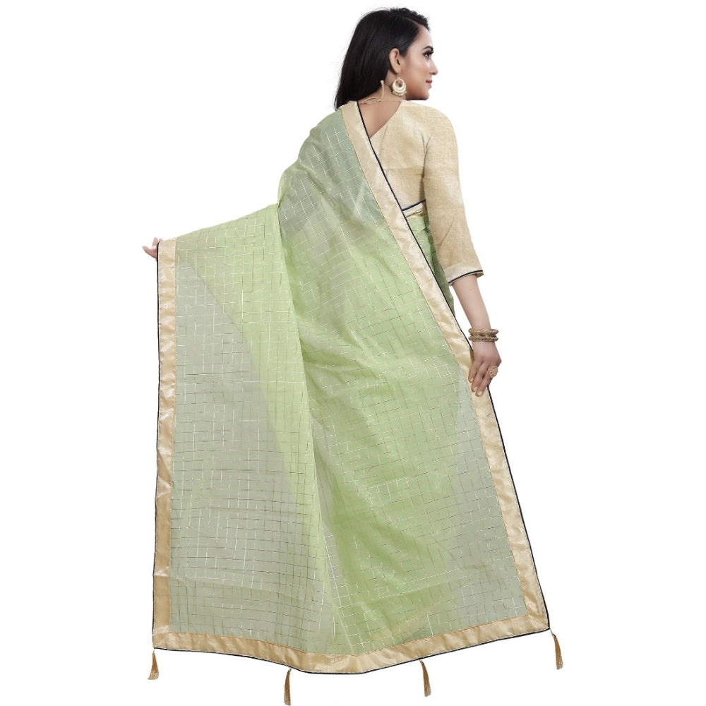 Roneclick Women's Cotton Silk Checkered Saree With Unstitched Blouse 5.5Mtr (Light Green)