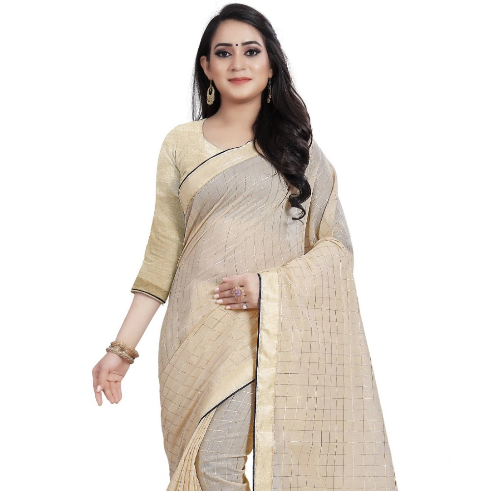 Roneclick Women's Cotton Silk Checkered Saree With Unstitched Blouse 5.5Mtr (Cream)