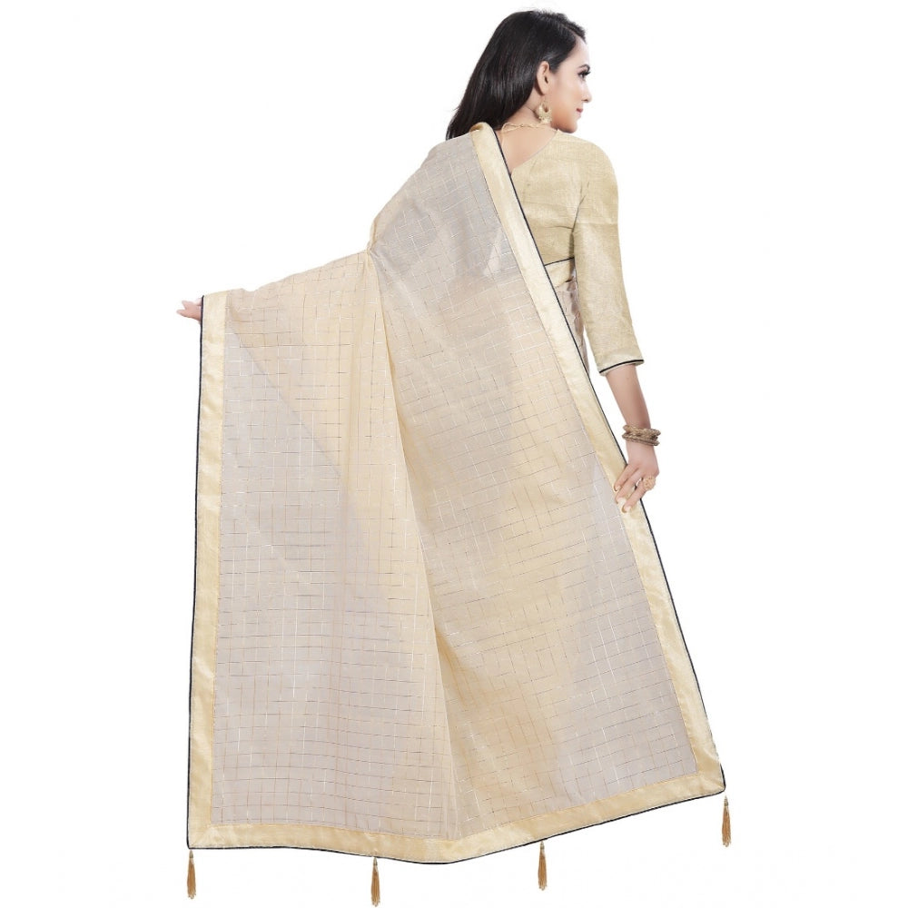 Roneclick Women's Cotton Silk Checkered Saree With Unstitched Blouse 5.5Mtr (Cream)