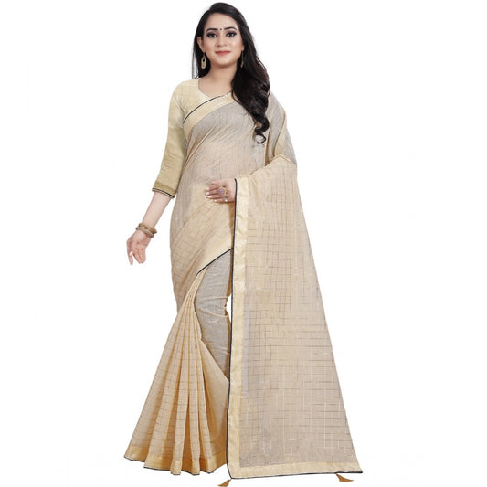 Roneclick Women's Cotton Silk Checkered Saree With Unstitched Blouse 5.5Mtr (Cream)