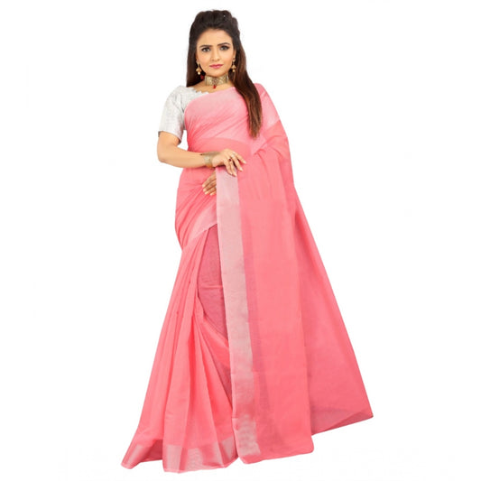 Roneclick Women's Cotton Silk Self Design Saree With Unstitched Blouse 5.5Mtr (Pink)