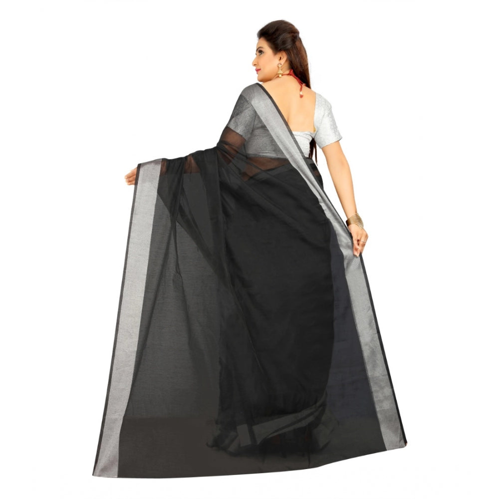 Roneclick Women's Cotton Silk Self Design Saree With Unstitched Blouse 5.5Mtr (Black)