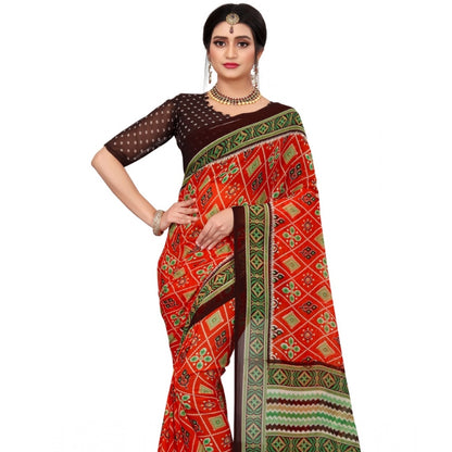 Roneclick Women's Georgette Floral Print Saree With Unstitched Blouse 5.5Mtr (Red)