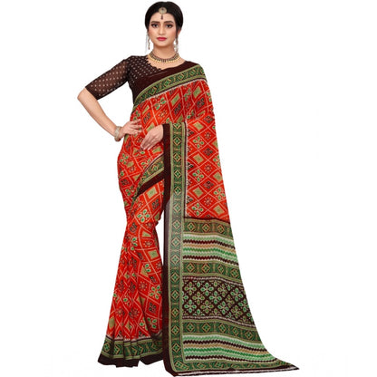 Roneclick Women's Georgette Floral Print Saree With Unstitched Blouse 5.5Mtr (Red)